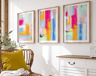 Acrylic Paint abstract wall Art Prints|Bright pink lime lilac blue neon |colour pop interior decor |paint brush stroke texture| set of 3|