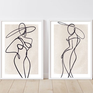 Woman line Art Print| Female line drawing|  Wall decor|fashion prints| romantic prints|Beige neutral| classy elegant abstract art| set of 2