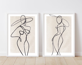 Stampa artistica di linea femminile/disegno di linea femminile/decorazione da parete/stampe di moda/stampe romantiche/beige neutro/arte astratta elegante e di classe/set di 2