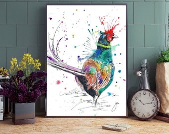 Pheasant Wall Art, Colorful Bird Print, Watercolor Pheasant Poster, Ink Splatter Wildlife Art, Game Bird Prints , Farm decor, Rustic style