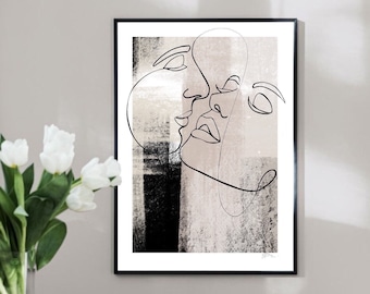 Woman line Art Print| kissing line art | Wall decor|fashion prints| romantic prints|Beige neutral black classy elegant abstract art| gallery