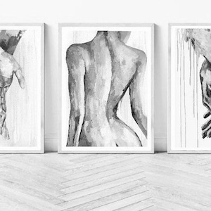 Impresiones artísticas de pared con manos de cuerpo femenino / juego de 3 impresiones / impresiones en blanco y negro / impresiones de artistas / impresiones sobre la cama / pinturas de acuarela / elegantes
