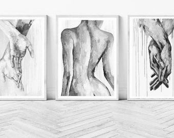 Female body Hands wall Art Prints |set of 3 prints |Black & white Prints| artist prints| above bed prints | watercolour paintings | Elegant