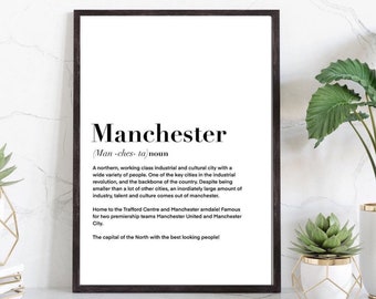 Manchester Definition Print, Modern Typographic Wall Art, Black and White City Quote Poster, Minimalist Home Decor with Black Frame