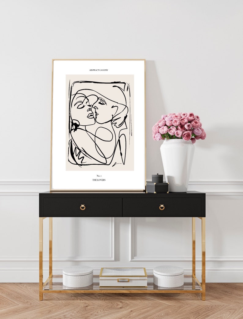 Woman line Art Print| couple kissing| Wall art decor|fashion prints| romantic prints|Beige neutral| classy elegant abstract gallery Lovers image 3