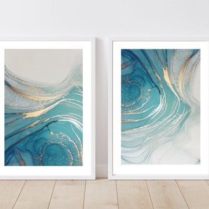 Marble Fluid Art Print Turquoise gold bathroom dressing interiors wall art gifts |modern art prints| alcohol ink | set of 2