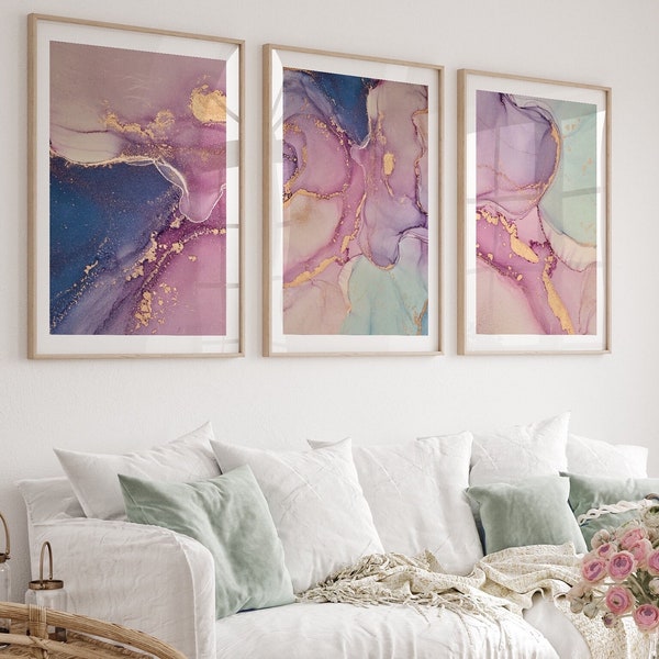 Marble Fluid abstract Prints| pink blue gold lilac green grey wall art| alcohol ink painting| boho prints|bedroom wall art|living room decor