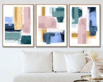 Acrylic Paint abstract Art Prints| Pink green blue yellow | Colourful decor| modern decor | block colour brush strokes | set of 3 | HALO