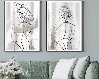 Minimalist Line Art Wall Print Set of 2, Modern Abstract Female Posters, Scandinavian Neutral Wall, Contemporary Home Decor, Elegant Drawing