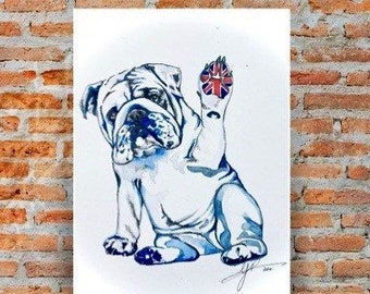 Impression d’art bouledogue anglais | Affiche du bouledogue britannique | Peinture de bouledogue| Union Jack | impressions d’art mural | cadeaux de décoration de bouledogue