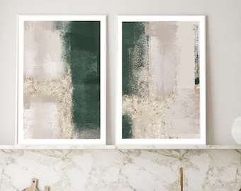 Emerald Green Gold Abstract Wall Art Prints| Set of 2 | Modern Minimalist Decor|Neutral Home & Living Room Art| Brushstroke prints| Viridian