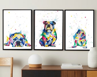 English Bulldog Prints | British Bulldog Painting | Bulldog Art | Bulldog Poster | wall art Decor | set of 3 | Abstract Dog| Rainbow colours