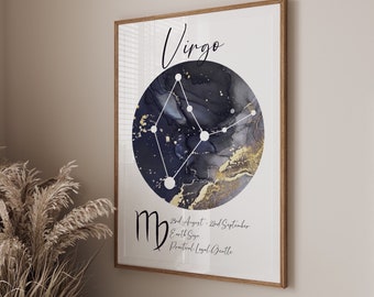 Virgo Zodiac Wall Art Print, Astrology Constellation Poster, Horoscope Star Sign Decor, Celestial Watercolor Print, Personalized Virgo Gift