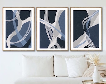 Blue wall Art Prints|Abstract Art| Brush Strokes| Line Art Prints |Neutral Wall Prints |Set of 3 |stylish posters| Navy blue grey decor
