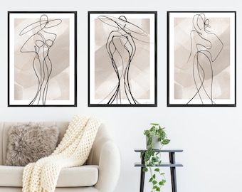 May include: Three framed prints with a minimalist aesthetic. Each print features a line drawing of a woman in a hat on a beige background.