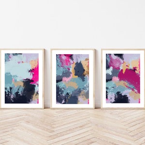 Acrylic Fluid abstract Art Print| fuschia pink teal blue decor| textured print | wall art poster|set of 3 | bright colourful thick paint art