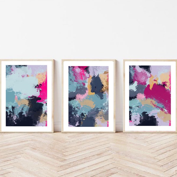 Acrylic Fluid abstract Art Print| fuschia pink teal blue decor| textured print | wall art poster|set of 3 | bright colourful thick paint art