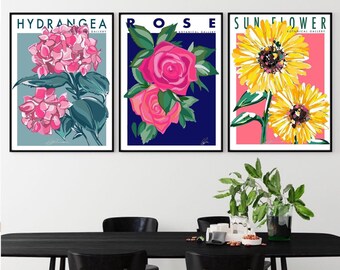 Rose hydrangea sun flower Print | Pop art | botanical prints | bright colours | kitchen dining wall art decor | set of 3| floral abstract
