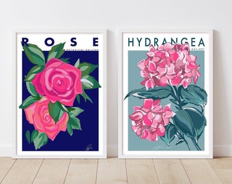 Rose und Hortensie Kunstdruck Set | Botanische Blumenwandkunst | Helle abstrakte Blumendrucke | farbenfrohe Wohnkultur | modern Wohnen| Kunst 2