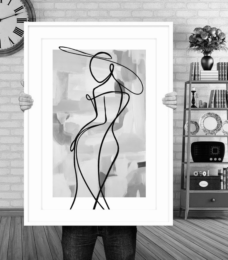 May include: A black and white line drawing of a person wearing a hat, set against a background of abstract gray and white brushstrokes.