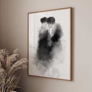Watercolour lovers Print | couple kissing| Wall art decor|fashion prints| romantic prints|Black white grey neutral decor  | classy elegant