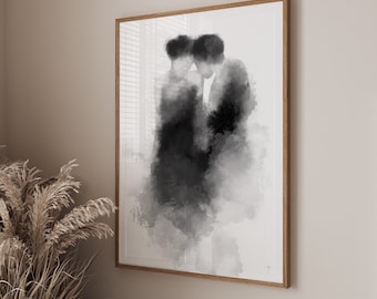 Watercolour lovers Print | couple kissing| Wall art decor|fashion prints| romantic prints|Black white grey neutral decor  | classy elegant