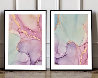 Pastel abstract wall art| set of 2 prints| alcohol inks| pink lilac purple green| soft elegant decor | luxury wall art| boho style| bedroom