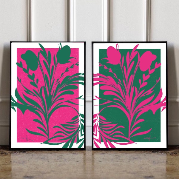 Abstract floral Art Prints|fuchsia hot pink | Neutral decor| Natural decor | block colour | set of 2 | damask swirl prints | gallery walls