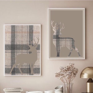 Tartan stag prints| Set of 2 | Country check |Country wall art |Rustic farmhouse pictures| Woodland deer|cosy home decor| Neutral tweed grey