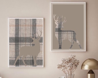 Tartan stag prints| Set of 2 | Country check |Country wall art |Rustic farmhouse pictures| Woodland deer|cosy home decor| Neutral tweed grey