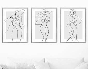 Woman line art print | wall art decor|romantic art prints | set of 3 prints| classy elegant art prints | bedroom | Mono grey aesthetic
