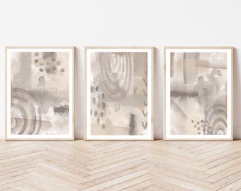 Acrylic Paint abstract Art Prints| Brown Beige cream grey| Neutral decor| Natural decor | block colour brush strokes | set of 3 | shapes