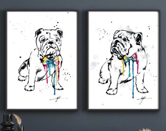 Bulldog Art Print Set, Watercolor Splash Pet Portrait, Dog Lover Gift, Minimalist Animal Wall Art, Set of 2 Dog Prints