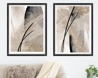 Abstract Wall Art Prints| Black Beige cream gold| Neutral decor| Natural decor | block colour brush strokes |set of 2 | Gold effect