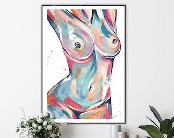 Female Nude Art, Colorful abstract print, Wall art decor, Modern Expressionist painting, Bold Feminine Decor, Vibrant, brushstroke, woman