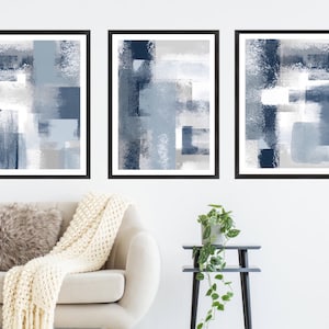 Blue white navy Paint abstract Art Prints| Grey white | Modern decor| Nautical decor | block colour brush strokes | set of 3 | Tei