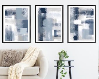 Blue white navy Paint abstract Art Prints| Grey white | Modern decor| Nautical decor | block colour brush strokes | set of 3 | Tei