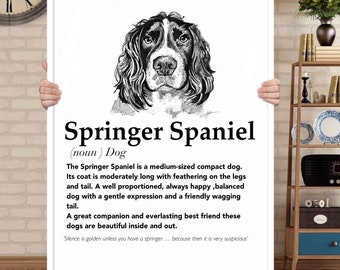 Springer Spaniel print, funny definition print, Black & White decor, Gift for Dog Lovers, pet portrait ,watercolour painting, spaniel poster