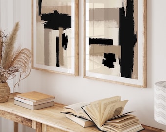 Neutral colour prints, Set of 2, brushstroke prints, texture prints, neutral Prints, Beige & Black, Rustic style, classy modern decor