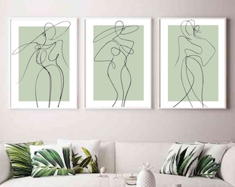 Green wall art prints|set of 3 prints| boho prints|female body print|woman line art|elegant classy decor| sage white| fashion prints| pastel