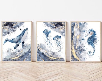 Nautical Wall art Prints| Ocean Sea Life Prints| Marble effect Wall art| Coastal Bathroom decor|Blue gold wall art|Whale Jelly fish Seahorse