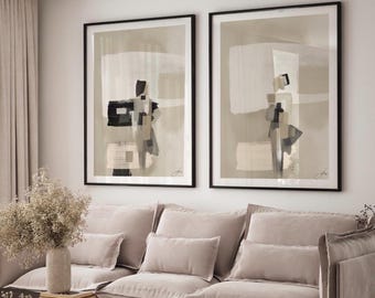 Abstract Figures wall Art Prints| Black Beige Neutral colour decor| contemporary design|Textured brush strokes | set of 2 |NOVA