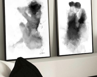 Watercolour lovers Print | couple kissing| Wall art decor|set of 2| romantic prints|Black white decor|naked female| bedroom wall art