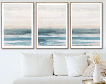 Acrylic Paint abstract Art Prints| Blue Green cream seascape | Nautical decor| beach landscape | block colour brush strokes | set of 3 |