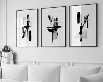 Abstract Wall art set of 3| brushstrokes |contemporary prints| Neutral abstract art|timeless artist prints | beige white grey| monochrome