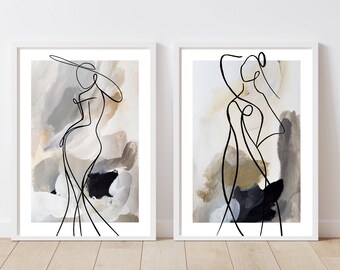 Minimalist Line Art Set of 2, Female Figure Wall Art, Abstract Nude Print, Neutral Modern Boho Decor, One Line Drawing Diptych