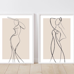 Woman line Art Print| Female line drawing|  Wall decor|fashion prints| romantic prints|Beige neutral| classy elegant abstract art| set of 2