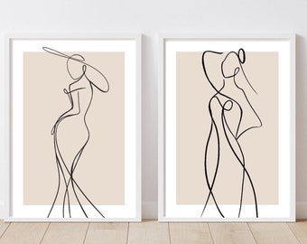 Stampa artistica di linea femminile/disegno di linea femminile/decorazione da parete/stampe di moda/stampe romantiche/beige neutro/arte astratta elegante e di classe/set di 2
