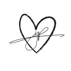 May include: A black and white illustration of a heart with a scribble inside.