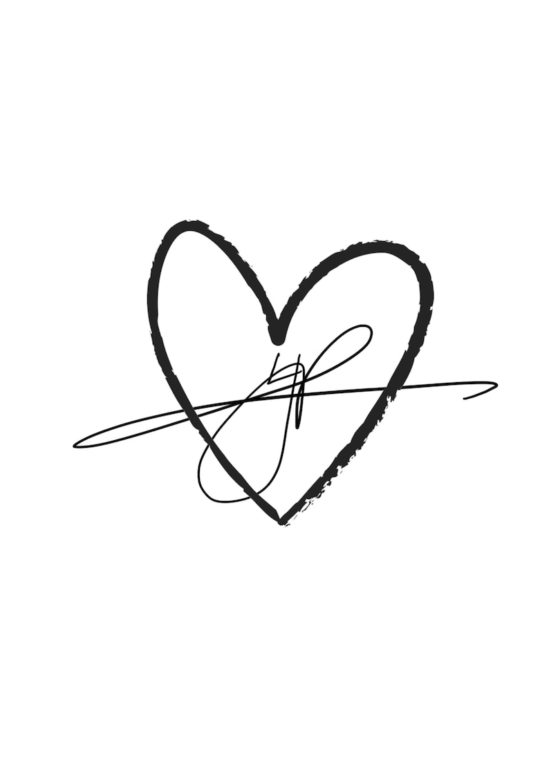 May include: A black and white illustration of a heart with a scribble inside.